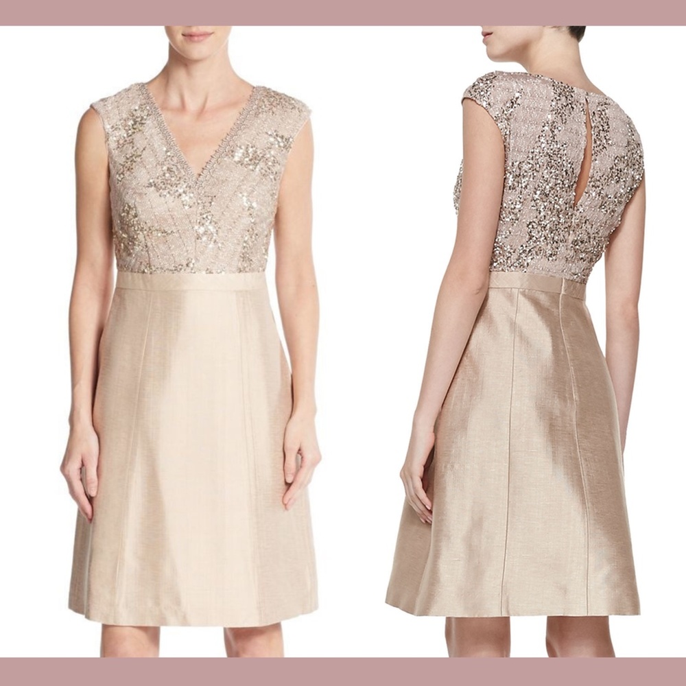 NEW $540 Kay Unger Beaded V-neck Sheath Cap Sleeve Dress‎ [SZ 12 ]
